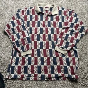 Vintage Plaid Quarter Zip Sweater Mens XL Cream Red Tight Knit 90s Outdoor Gorp